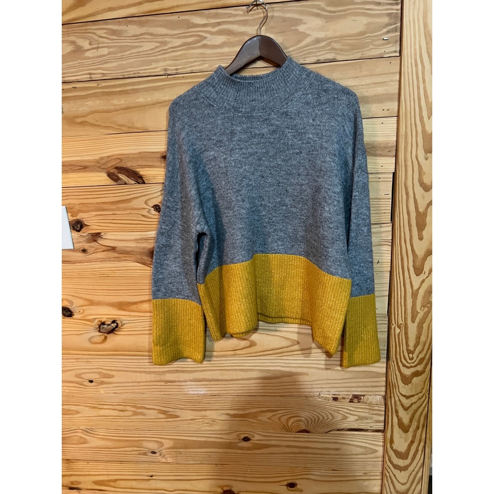 Forever 21 Gray Yellow Oversized Mock Neck Chunky Pullover Sweater Womens Large